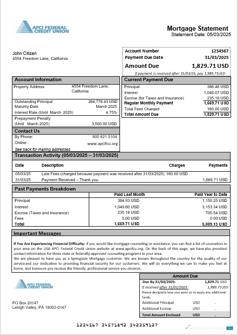 Download USA APCI Federal Credit Union mortgage statement in Word and PDF formats Photoshop template